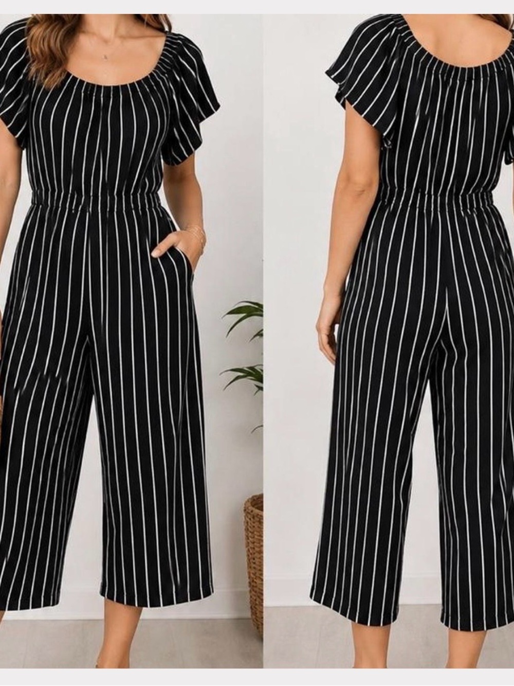 Ambiance Black and White Vertical Stripe Cropped Jumpsuit